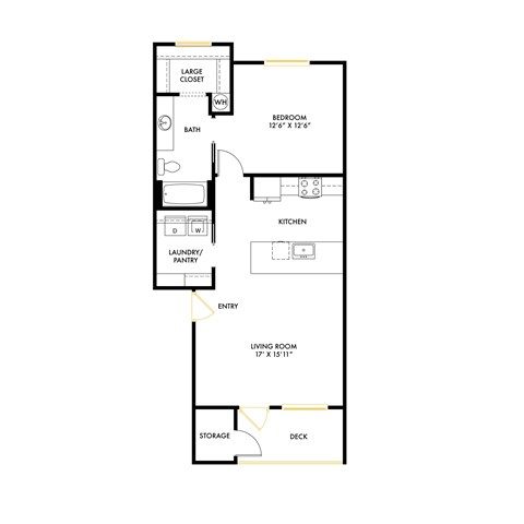 Floor plan for 1 bed, 1 bath, 768 sqft